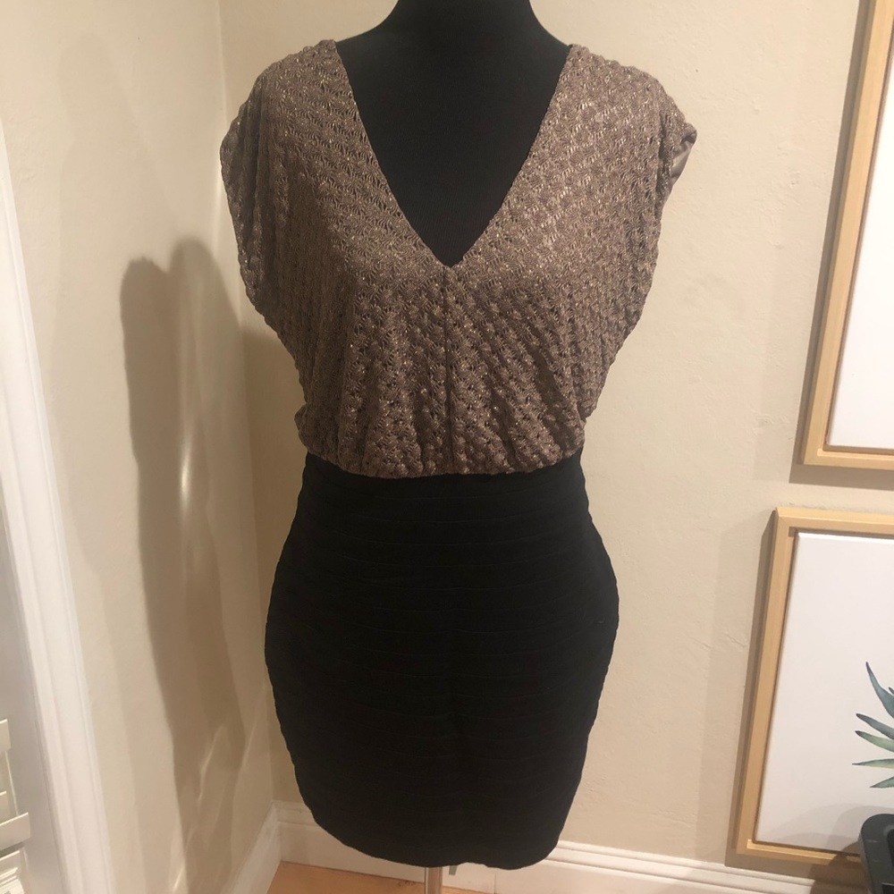 Express Gold Shimmery Pleated Bodycon Dress